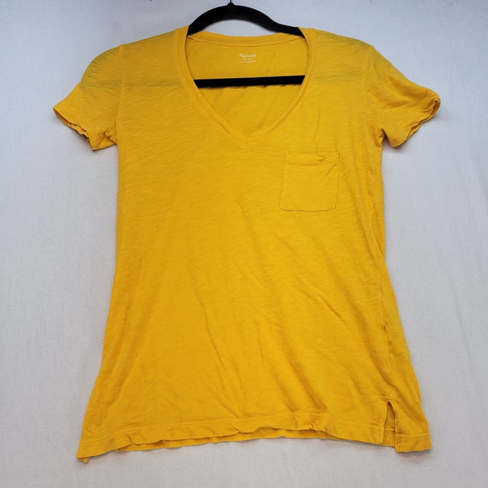 Madewell V-Neck Tee Women XS Yellow Casual Whisper Cotton Slub Pocket T-Shirt